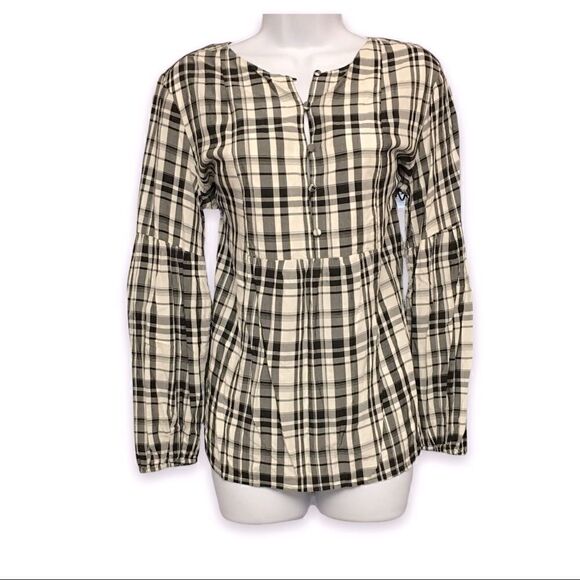 𝅺LOFT Creamy White and Black Plaid Peasant Blouse Balloon Sleeves Size Medium - Picture 1 of 12